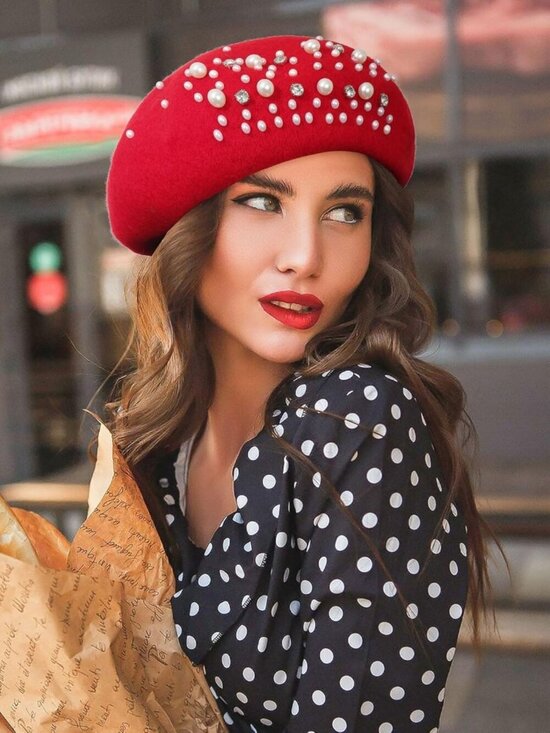 Women\'s Classic French Wool Beret Pearl & Rhinestone Embellishment Hat Red main image 7